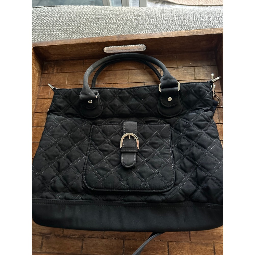 Vera Bradley Black Quilted Microfiber Satchel Crossbody Bag Floral Interior VGUC